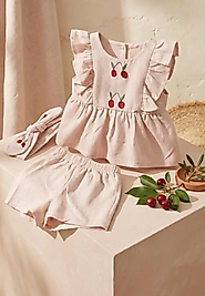 POPSHOPS KİDS KIZ BEBEK KİRAZ NAKIŞLI ŞORTLU TAKIM