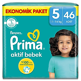 Prima Bebek Bezi Aktif Bebek 5 Beden Junior Ekonomik Paket 11-16 kg 46 Adet