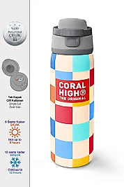 Coral High Çok Renkli Dama Desenli Pipetli ve Direkt İçim Çelik Termos 800 ml