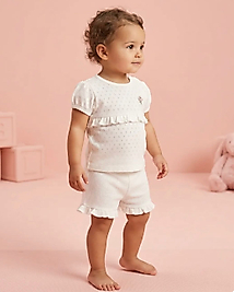 BİORGANİC KIZ BEBEK ÇİÇEK NAKIŞLI ŞORTLU TAKIM-EKRU