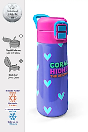 Coral High Kids Lavanta Pembe Kalp Desenli Pipetli ve Direkt İçim Çelik Termos 500 ml