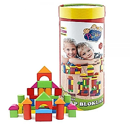 Play Wood Eğitici 100 Parça Renkli Ahşap Bloklar Silindir Kutuda