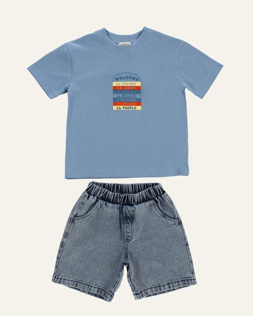 Patique Baskılı Mavi Tişört ve Denim Şort Erkek Çocuk Takım