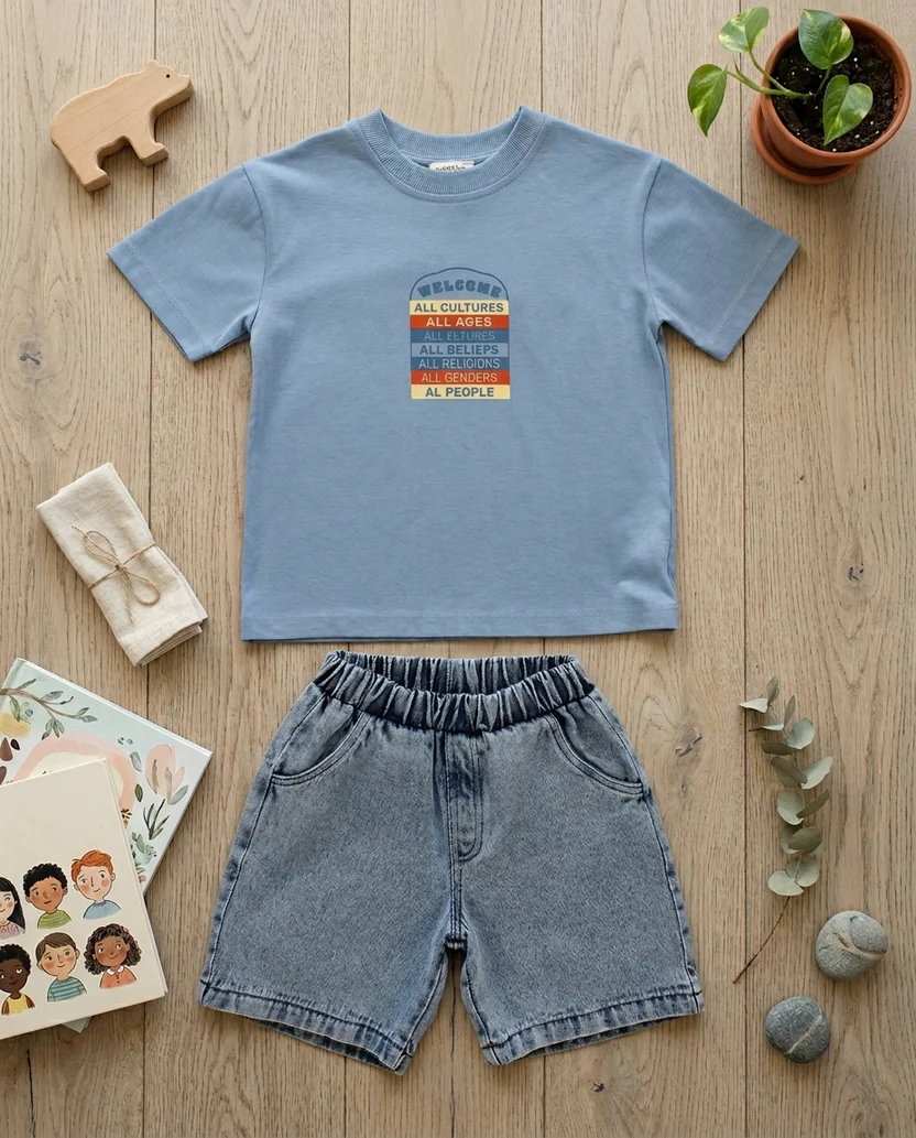 Patique Baskılı Mavi Tişört ve Denim Şort Erkek Çocuk Takım