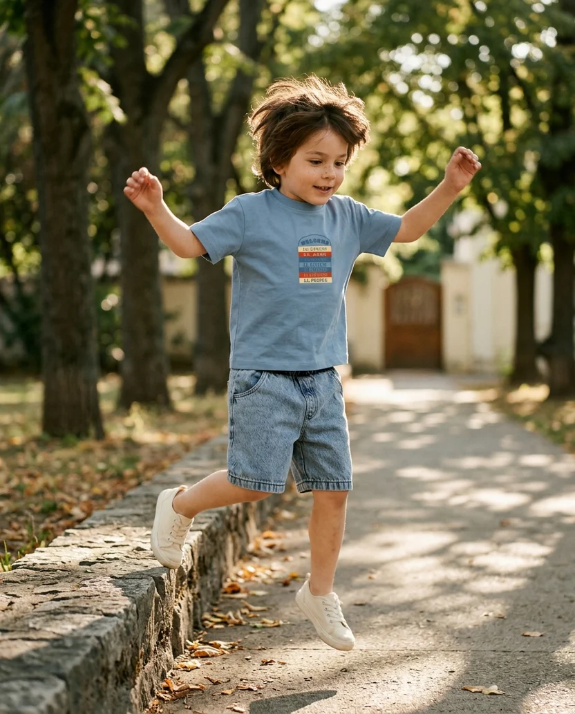 Patique Baskılı Mavi Tişört ve Denim Şort Erkek Çocuk Takım